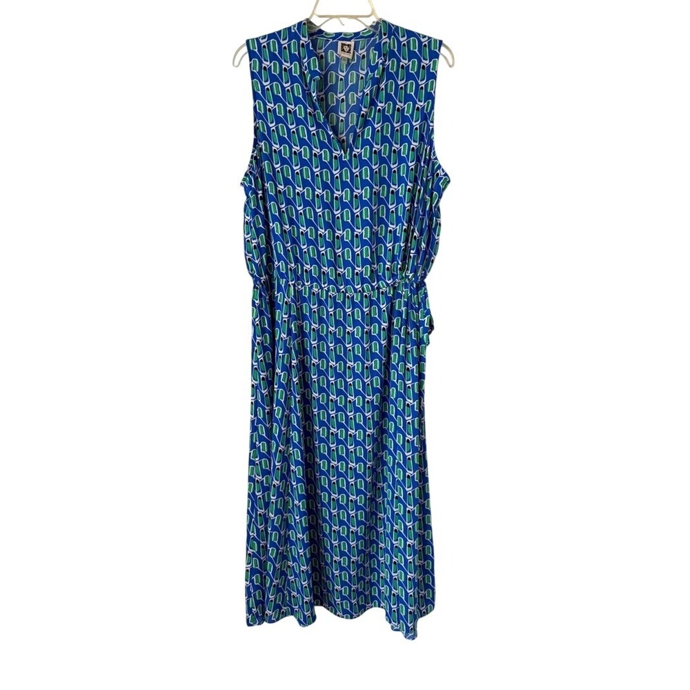 Anne Klein Blue & Green‎ Geometric Sleeveless Maxi Dress Cinched Waist Office